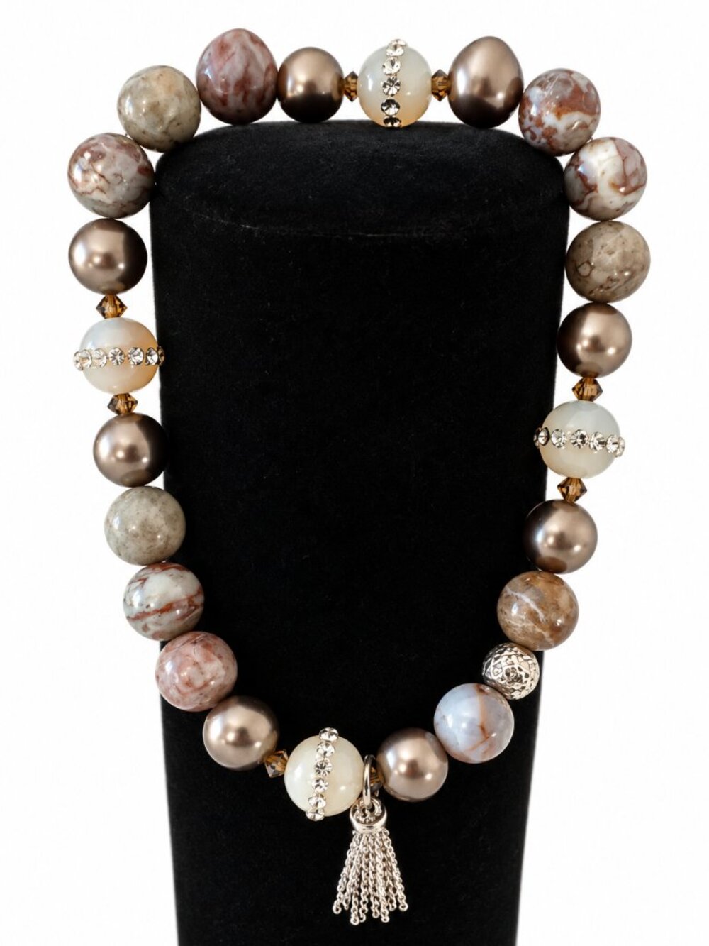 Mixed Stone Faux Pearl Rhinestone Bead Bracelet Silver Tassel Charm